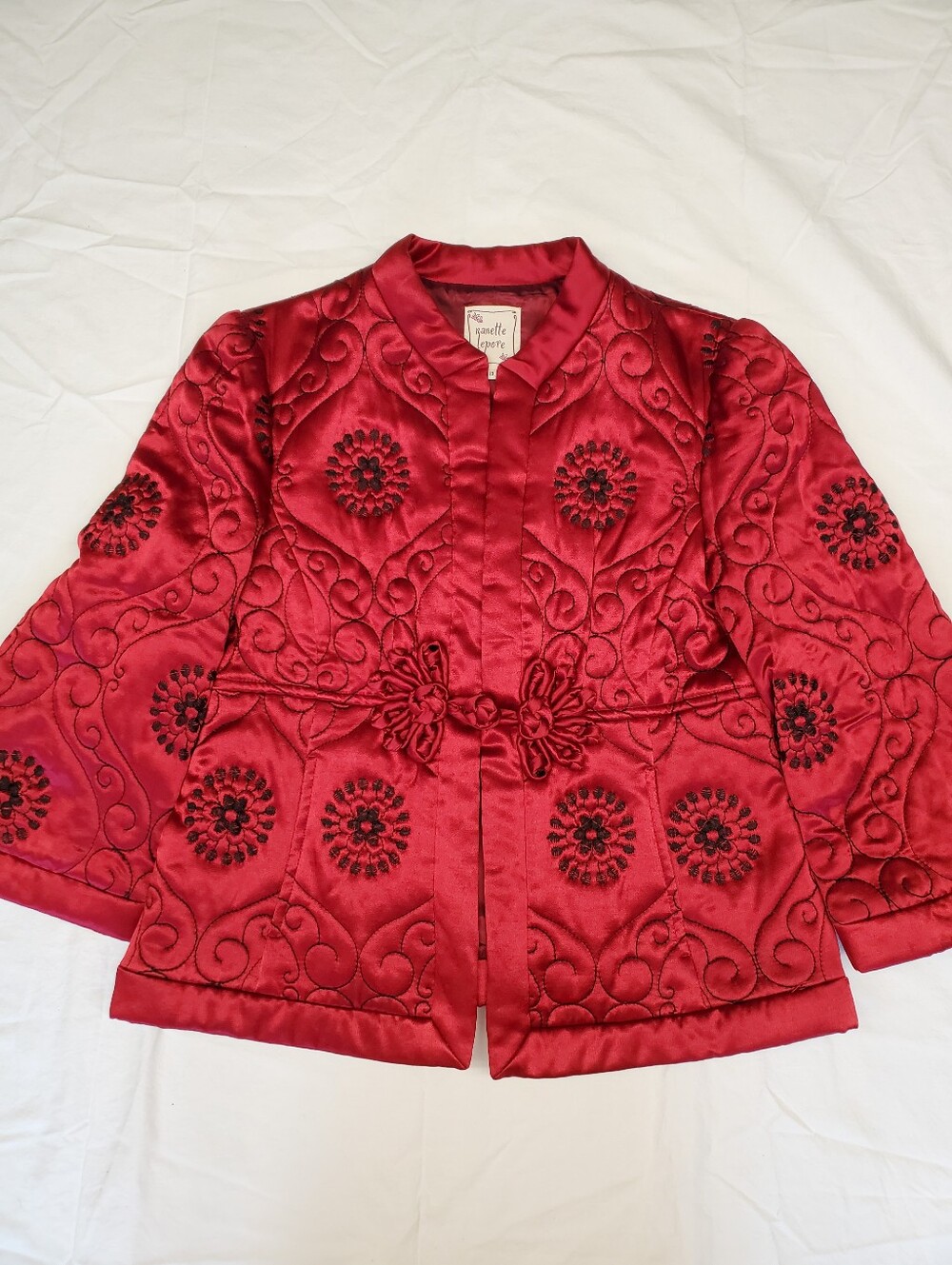 Nanette Lepore Quilted Satin Jacket Size 10 Red Embroidered Frog Closure